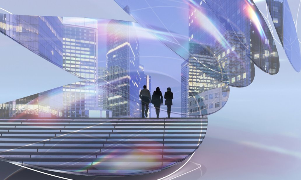 People walking through urban landscape with purple overlay 